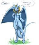  2015 anthro blonde_hair blue_body blue_eyes byondrage dialogue digitigrade english_text flaccid front_view gargoyle girly hair hand_on_chest humanoid_penis long_hair looking_at_viewer male marine_(byondrage) navel nude open_mouth penis simple_background smile solo standing text white_background wide_hips wings 