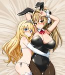  amagi_brilliant_park animal_ears antenna_hair arms_up bare_shoulders bikini black_legwear blonde_hair blue_eyes blush breasts brown_eyes brown_hair bunny_ears bunnysuit cleavage covered_nipples detached_collar earrings elbow_gloves gloves hair_ribbon highres hug jewelry large_breasts latifa_fleuranza long_hair looking_at_viewer lying multiple_girls on_back on_side pantyhose ponytail ribbon sento_isuzu side-tie_bikini smile swimsuit thigh_gap thighhighs tiara white_bikini white_gloves white_legwear wrist_cuffs zaxwu 