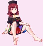  bare_shoulders barefoot chain clothes_writing feet full_body hat hecatia_lapislazuli long_hair multicolored multicolored_clothes multicolored_skirt off-shoulder_shirt pink_background polos_crown red_eyes red_hair shirt simple_background sitting skirt skirt_lift smile solo touhou uranaishi_(miraura) 