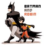  2boys batman batman_(series) black_hair boots bruce_wayne cape dc_comics domino_mask gauntlets gloves male_focus mask multiple_boys robin_(dc) simple_background tim_drake 