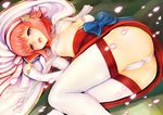  ass blush breasts fire_emblem fire_emblem_if hair_ornament hairband long_sleeves lying panties petals pink_hair red_eyes red_hair sakura_(fire_emblem_if) small_breasts solo teruru thighhighs underwear white_panties 