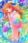  :o brown_eyes brown_hair colorful dennryuurai highres innertube long_hair multicolored multicolored_clothes multicolored_swimsuit old_school_swimsuit one-piece_swimsuit original paint school_swimsuit solo swimsuit two_side_up water white_school_swimsuit white_swimsuit 