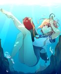  ahoge air_bubble barefoot bubble commentary_request freediving hair_ornament holding_breath i-58_(kantai_collection) kantai_collection long_legs one-piece_swimsuit pink_hair red_eyes school_swimsuit school_uniform serafuku short_hair solo swimming swimsuit swimsuit_under_clothes torpedo tousei underwater 