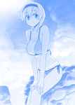  bangs bare_shoulders bikini blue blush breasts cleavage cloud cloudy_sky collarbone commentary_request getsuyoubi_no_tawawa hair_between_eyes hairband hands_on_legs himura_kiseki large_breasts light_reflection_(water) looking_away looking_to_the_side monochrome outdoors rock short_hair side-tie_bikini sitting sky smile solo swimsuit 