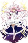  bow dress fluorescent_lamp full_body gloves hair_bow hair_ribbon jewelry kaden_shoujo kaname_madoka light_bulb light_rays long_hair magical_girl mahou_shoujo_madoka_magica official_art personification pink_hair ribbon ring shoes solo starry_sky_print thighhighs transparent_background two_side_up ultimate_madoka white_dress winged_shoes wings yellow_eyes 