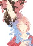  1girl black_hair eyes_closed facial_mark flower forehead_mark hair_ornament hairclip haruno_sakura husband_and_wife naruto naruto_gaiden pink_hair rinnegan shi_er_xian simple_background uchiha_sasuke upside-down upside_down 