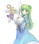  &gt;_&lt; :3 :d bare_shoulders between_breasts blue_skirt breasts chikuwa_(tks) closed_eyes covered_nipples detached_sleeves expressive_clothes frilled_skirt frills frog_hair_ornament gohei green_eyes green_hair hair_ornament hair_tubes hat holding kochiya_sanae large_breasts long_hair long_skirt long_sleeves looking_at_viewer moriya_suwako multiple_girls open_mouth pyonta simple_background skirt smile snake_hair_ornament touhou white_background 