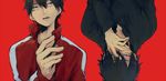  black_eyes black_hair black_shirt grin hood hoodie kagerou_project kisaragi_shintarou looking_at_viewer multiple_boys open_mouth red_background sanpaku shirt shizu shizu_(9394marimo) simple_background smile track_jacket upper_body upside-down 