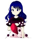  alternate_hairstyle blue_eyes blue_hair blush_stickers doremy_sweet hair_down hat headwear_removed long_hair nightcap official_style oota_jun'ya_(style) pom_pom_(clothes) short_sleeves simple_background solo touhou uranaishi_(miraura) white_background 