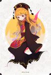  black_dress character_name chinese_clothes crescent dress full_moon hat highres itohime junko_(touhou) long_hair long_sleeves moon no_nose orange_hair red_eyes sleeves_past_wrists smile solo tabard touhou 