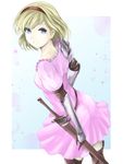  arched_back blonde_hair blue_background blue_eyes boots bubble djeeta_(granblue_fantasy) dress fighter_(granblue_fantasy) from_side gauntlets granblue_fantasy hairband kz_nagomiya leaning_forward looking_at_viewer looking_back pink_dress sheath sheathed short_hair shoulder_armor smile solo spaulders sword thigh_boots thighhighs weapon 