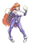  ahoge bangs blue_bodysuit blush bodysuit breasts chikuwa_(tks) covered_navel full_body galaxy_fight gloves hair_between_eyes large_breasts long_hair pointy_ears red_eyes red_hair roomi simple_background smile solo very_long_hair white_background white_gloves 