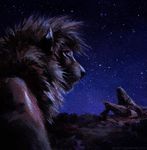  2015 brown_fur disney feline feral fur headshot_portrait kenket lion looking_back male mammal mane night outside painting portrait rock savannah shaded sky solo the_lion_king 