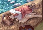  animal_ears barefoot brown_eyes brown_hair cat_ears cat_tail chen cup dappled_sunlight drink drinking_glass frilled_sleeves frills ice ice_cube jewelry juliet_sleeves long_sleeves looking_at_viewer lying multiple_tails nekomata on_side outdoors puffy_sleeves red_skirt ripples rock shirt short_hair single_earring skirt skirt_set solo stepping_stones sunlight tail touhou two_tails veranda water white_shirt yukishiro_arute 