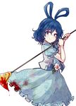  blood bloody_clothes blue_eyes blue_hair dress frilled_dress frills kaku_seiga parody pose puffy_short_sleeves puffy_sleeves short_hair short_sleeves simple_background smile solo staff touhou uranaishi_(miraura) weapon white_background 