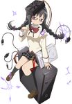  akemi_homura black_hair black_hairband blush braid cable full_body glasses hairband hard_drive kaden_shoujo long_hair mahou_shoujo_madoka_magica mitakihara_school_uniform official_art personification purple_eyes red-framed_eyewear school_uniform solo transparent_background twin_braids usb 