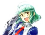  :d ahoge blush character_request chikuwa_(tks) gloves green_hair long_sleeves looking_at_viewer necktie open_mouth red_neckwear salute short_hair simple_background smile solo white_background white_gloves yellow_eyes 