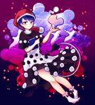  blue_eyes blue_hair blush bobby_socks book doremy_sweet dream_soul hat looking_at_viewer nightcap short_hair simple_background smile socks solo tail tapir_tail touhou uranaishi_(miraura) 