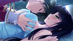  1girl black_hair blush breast_grab breasts covered_nipples from_side game_cg grabbing green_eyes hello_lady hetero imageboard_sample jpeg_artifacts large_breasts lying narita_shinri on_back on_bed open_mouth otonashi_saku saeki_hokuto solo_focus 