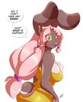  2015 alpha_channel anthro blush breasts chalo chest_tuft cleavage clothed clothing dialogue dress easter female fur green_eyes hair holidays lagomorph las_lindas long_hair mammal open_mouth pink_hair rabbit side_boob standing taffy_(las_lindas) text tuft 