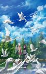  bird blue_sky capelet cloud cross-laced_footwear day doremy_sweet grey_hair hat highres jacket kishin_sagume ko_kita long_sleeves multiple_girls red_eyes scenery shoes single_wing sky touhou tree water wings 