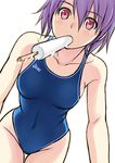  asics competition_swimsuit food food_in_mouth highres kuri_(kurigohan) looking_at_viewer mouth_hold one-piece_swimsuit original popsicle purple_hair red_eyes short_hair solo swimsuit 
