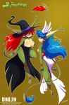  anthro big_breasts blue_hair breasts chalo clothed clothing din_(chalo) duo female fur green_fur hair huge_breasts imp jin_(chalo) las_lindas long_hair purple_eyes red_hair smile 