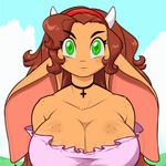  animated anthro big_breasts bovine breasts brown_fur brown_hair cattle chalo clothed clothing eyes_closed female freckles fur green_eyes hair horn huge_breasts las_lindas long_hair looking_at_viewer mammal mora_linda open_mouth smile solo 