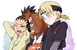  1girl 2boys akimichi_chouchou bidarian black_hair blonde_hair blush brown_hair dark_skin eating forehead_protector green_eyes hair_over_one_eye headband multiple_boys nara_shikadai naruto no_pupils open_mouth simple_background yamanaka_inojin yawning yellow_eyes 