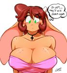  anthro big_breasts blush bovine breasts brown_fur brown_hair cattle chalo clothed clothing female freckles fur green_eyes hair horn huge_breasts las_lindas long_hair looking_at_viewer mammal mora_linda solo text 