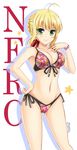  &gt;:) 2015 artist_name bikini blonde_hair blush bracelet braid breasts character_name cleavage collarbone dated fate/extra fate_(series) front-tie_top green_eyes hand_on_hip highres jewelry medium_breasts navel nero_claudius_(fate) nero_claudius_(fate)_(all) number red_bikini side-tie_bikini silhouette smile smug solo standing star swimsuit the-sinner v-shaped_eyebrows white_background 