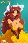  anthro big_breasts bovine breasts brown_fur brown_hair cattle chalo clothed clothing diana_linda dress female fur green_eyes hair horn huge_breasts las_lindas long_hair looking_at_viewer mammal milf mother parent smile solo 