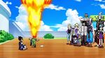  2015 alien android android_18 animated animated_gif blue_sky bulma cape casual cat dougi dragon_ball dragon_ball_super fire god_of_destruction_beerus green_skin kuririn multiple_boys multiple_girls piccolo plate purple_skin running sky son_goten spicy trunks_(dragon_ball) turban vegeta whis yamcha 