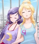  2girls ayase_eli blonde_hair breasts cleavage eclosion eyes_closed large_breasts long_hair love_live!_school_idol_project love_live_project multiple_girls open_mouth purple_hair sitting smile sweat toujou_nozomi 