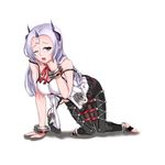  arm_support babydoll bent_over breasts choker closers hand_on_own_neck hanging_breasts highres horns knees_together_feet_apart levia_(closers) long_hair ofuda one_eye_closed open_mouth pants pointy_ears purple_eyes purple_hair red_ribbon ribbon ribbon_trim solo spaghetti_strap urabaha 