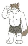  2018 3_toes 4_fingers anthro barefoot blue_eyes boxers_(clothing) cat chest_tuft clothed clothing feline fist flexing fur half-closed_eyes heyitscousindave looking_at_viewer male mammal multicolored_fur raised_arm simple_background slightly_chubby smile solo standing tan_fur toes topless tuft two_tone_fur underwear white_background white_fur 