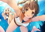  :d bare_legs barefoot blonde_hair blue_eyes blush brown_eyes brown_hair bubble collarbone dark_skin hair_ribbon i-401_(kantai_collection) kantai_collection komone_ushio long_hair looking_at_viewer multiple_girls open_mouth ponytail reaching_out ribbon ro-500_(kantai_collection) school_swimsuit self_shot smile swimsuit swimsuit_under_clothes underwater 