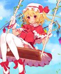  bad_id bad_nicoseiga_id blonde_hair blush bow capelet dress flandre_scarlet flower frills gloves hat hat_bow high_heels highres looking_at_another misoni_comi mob_cap plant red_dress red_eyes shoe_bow shoes side_ponytail solo swing thighhighs third_eye touhou vines white_gloves white_legwear wings 
