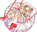  bdsm bed bondage bound bound_toes bound_wrists bow bubble_skirt choker edoya_inuhachi frilled_skirt frills gloves hair_ribbon kaname_madoka kneehighs lying mahou_shoujo_madoka_magica pink_hair ribbon short_hair short_twintails skirt solo twintails white_gloves white_legwear 