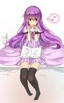  black_legwear book crescent cup eating eighth_note emushake food hamburger highres long_hair musical_note no_hat no_headwear patchouli_knowledge purple_eyes purple_hair simple_background sitting sketch solo spoken_musical_note thighhighs touhou white_background zettai_ryouiki 