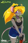  anthro big_breasts blonde_hair blush breasts chalo clothed clothing female fur grey_fur hair las_lindas long_hair mammal mouse purple_eyes rodent smile tootsie 