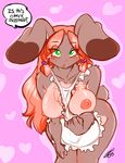  &lt;3 2015 5_fingers anthro apron bent_over big_breasts blush breasts chalo chest_tuft english_text female fur green_eyes hair lagomorph las_lindas long_hair looking_at_viewer mammal nipples pink_hair rabbit taffy_(las_lindas) text tuft 