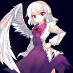  alphes_(style) aya_(ay-atlantis) black_background bow bowtie jacket kishin_sagume long_sleeves looking_at_viewer parody red_eyes simple_background single_wing skirt solo style_parody touhou white_hair wings 