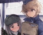  bag bangs black_gloves blush brave_witches brown_eyes coat edytha_rossmann gloves hair_between_eyes hat holding light_brown_eyes light_brown_hair looking_at_another lowres military military_uniform multiple_girls paper_bag popped_collar rain shared_umbrella shimada_fumikane short_hair silver_hair smile umbrella uniform waltrud_krupinski wet wet_clothes world_witches_series 