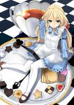  ahoge alice_(wonderland) alice_in_wonderland apron arm_support baicha between_legs biscuit blonde_hair blue_dress cake checkerboard_cookie checkered checkered_floor clock cookie cracker cup dress food frills green_eyes hair_tucking highres long_hair original scrunchie sitting sitting_on_object solo teacup thighhighs white_legwear 