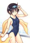  absurdres black_hair blue_eyes competition_swimsuit goggles goggles_on_head highres kuri_(kurigohan) one-piece_swimsuit original short_hair solo swimsuit towel wet 