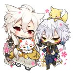  animal animal_on_head armor black_gloves chibi earrings fang fox fox_shadow_puppet gloves japanese_armor japanese_clothes jewelry kogitsunemaru konnosuke lowres magatama magatama_earrings male_focus menpoo military military_uniform multiple_boys nakigitsune nakigitsune's_fox necktie on_head red_eyes smile touken_ranbu uniform white_hair yellow_eyes yousagi 