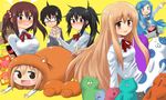  5girls :d animal blush blush_stickers chibi chips cola commentary dakimakura_(object) doma_taihei doma_umaru dual_persona ebina_nana food furrowed_eyebrows hamster hamster_costume highres himouto!_umaru-chan komaru laser m.m motoba_kirie multiple_girls nekoronbusu open_mouth pillow potato_chips school_uniform smile tachibana_sylphynford wavy_mouth 