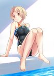  absurdres ahoge arm_support blonde_hair blush breasts brown_eyes collarbone competition_swimsuit head_tilt highres kuri_(kurigohan) large_breasts legs looking_at_viewer mizuno one-piece_swimsuit original pool poolside shadow short_hair sitting solo swimsuit toes water wet 