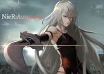  1girl 55level android armlet black_gloves blue_eyes breasts closed_mouth cloud cloudy_sky elbow_gloves gloves hair_between_eyes holding holding_sword holding_weapon katana long_hair looking_at_viewer mole mole_under_mouth nier_(series) nier_automata outdoors outstretched_arm pink_lips pointing_sword robot_joints silver_hair sky solo standing sword tank_top upper_body weapon yorha_type_a_no._2 